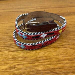 Handcrafted Multi-Color Seed Bead Brown Leather Belt Western Boho Sz 40 inches